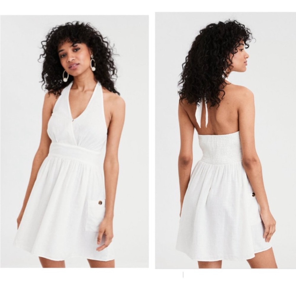 AE White Halter Linen Mini Dress